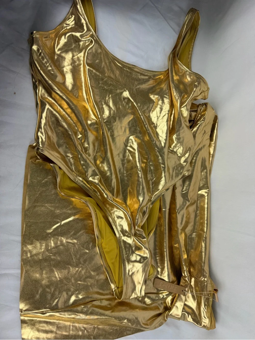 SKIMS Gold Metallic One-Piece Bathing Suit with Matching Sarong Skirt